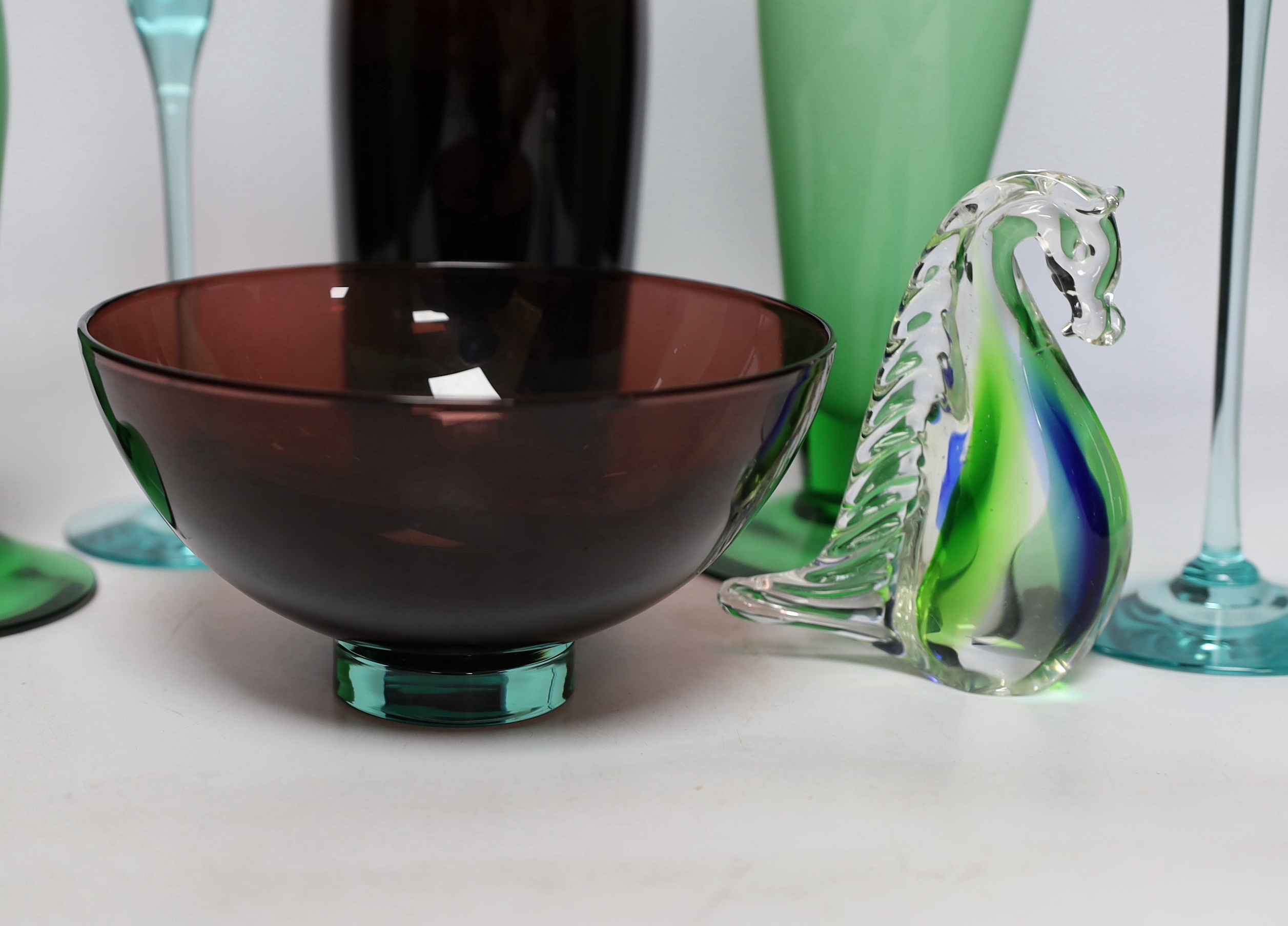 A quantity of various glass to include a Royal Copenhagen Harlekin glass decanter, two candlesticks, another pair of candlesticks, a bowl etc.